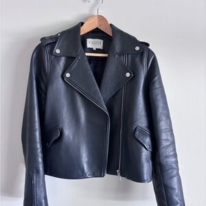 CLAUDIE PIERLOT midnight blue classic lambskin biker jacket. Size 8(French 40)